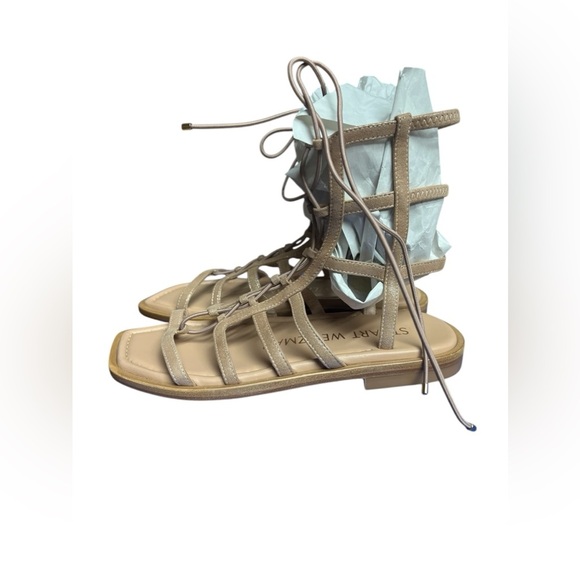 NIB Stuart Weitzman Kora Lace Up Gladiator Shimmer Suede Taupe Sandals 4.5 - Picture 6 of 9